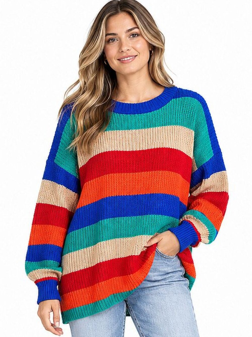 New UMGEE M 8 10 Blue Orange Red Green Striped Loose Fit Soft Pullover Sweater